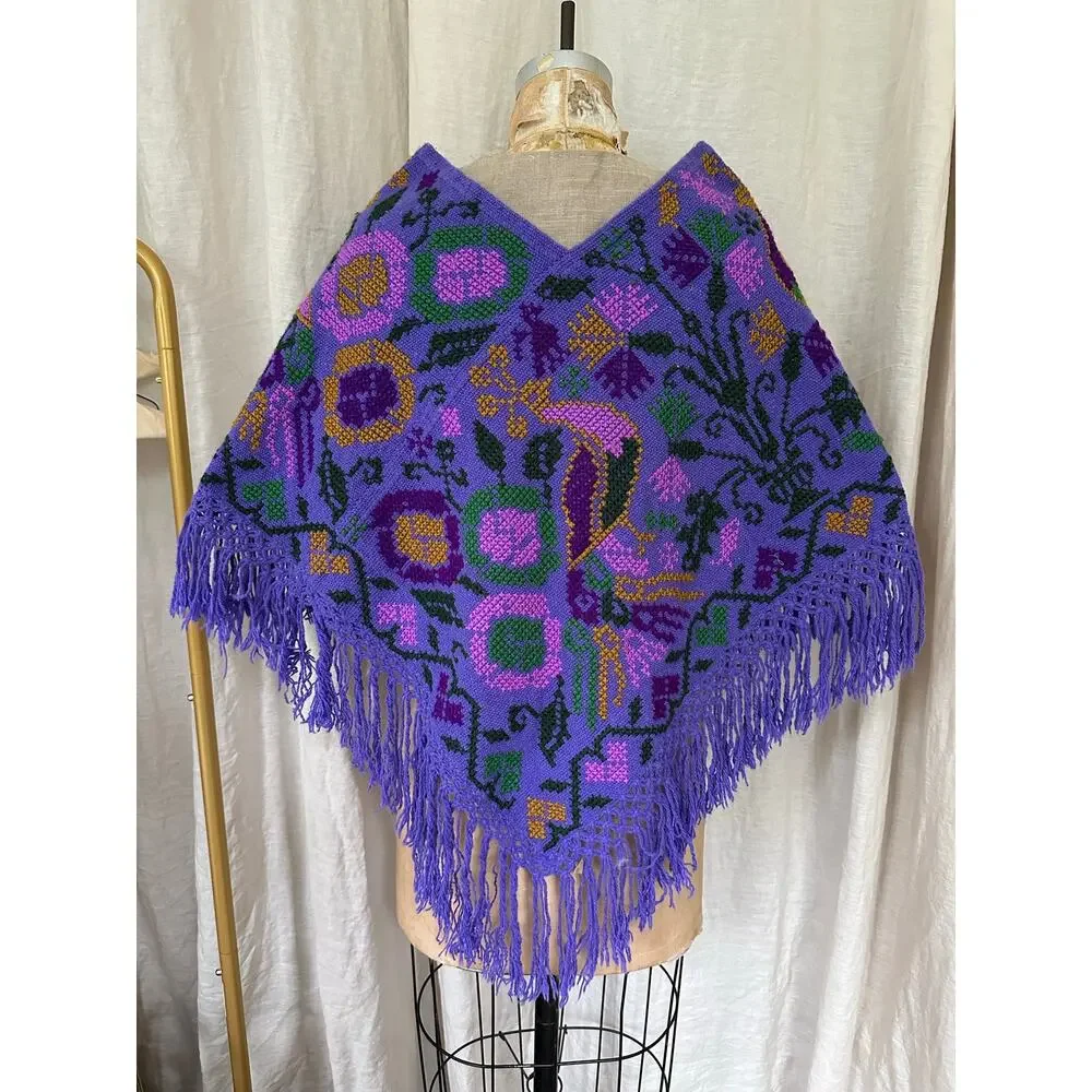 Mexican Mañanita embroidered poncho purple bird floral primitive folk fringed